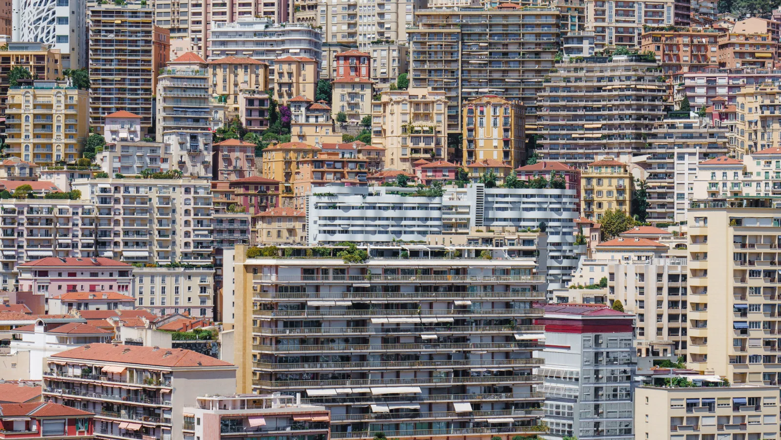 Office buildings of the Fontvieille district of Monaco photographed in daylight.