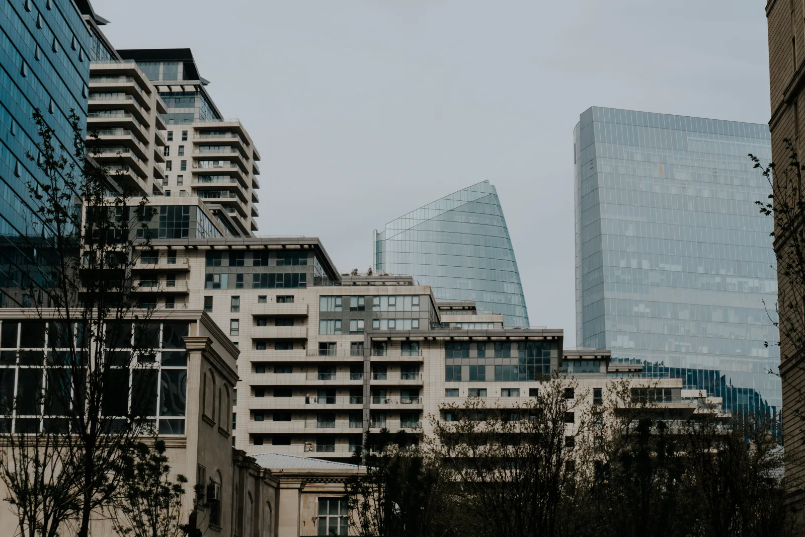 Office buildings business district photographed from street level in daylight
