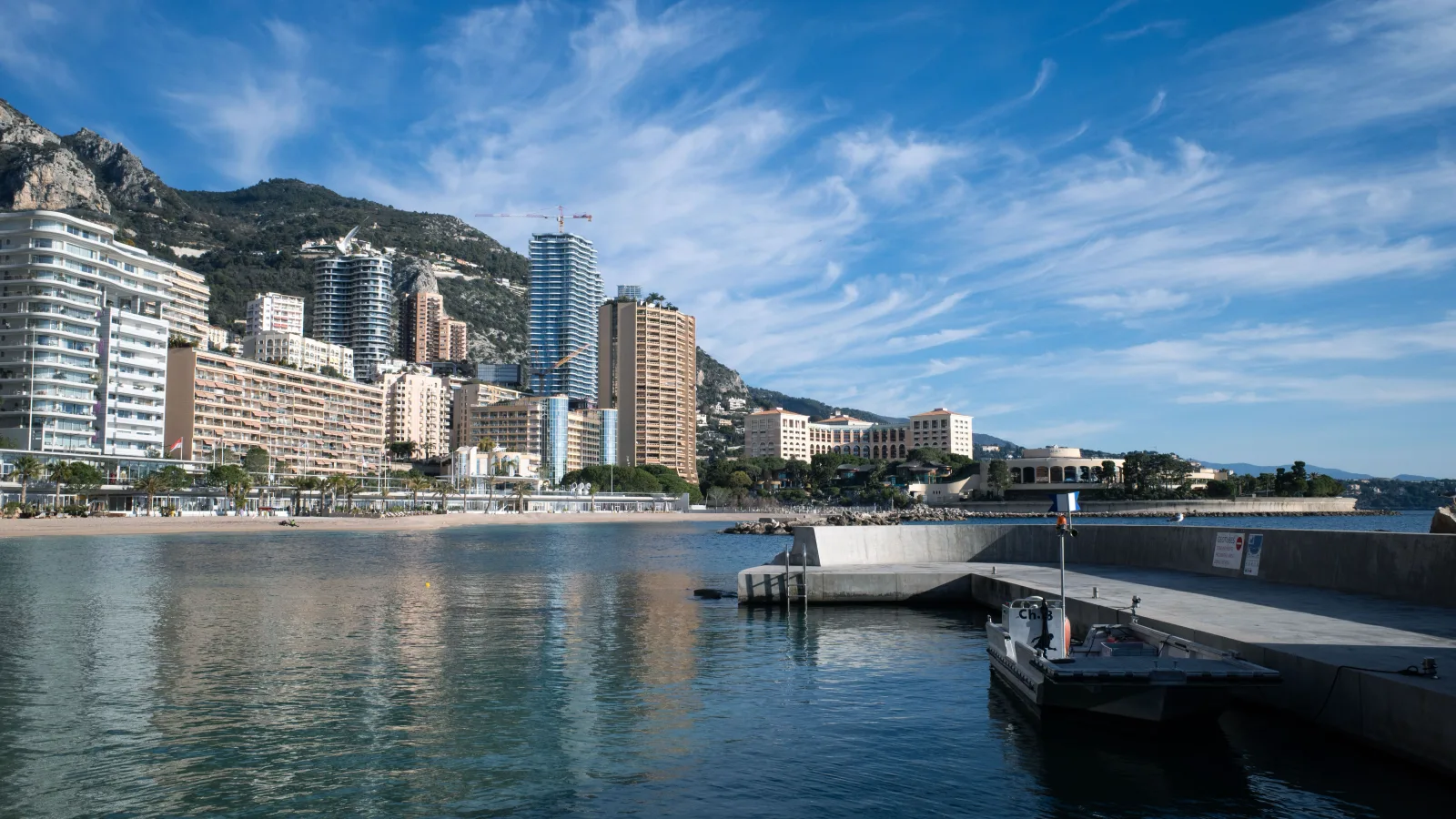 Office buildings in the Monaco business district seen from street level in working daylight