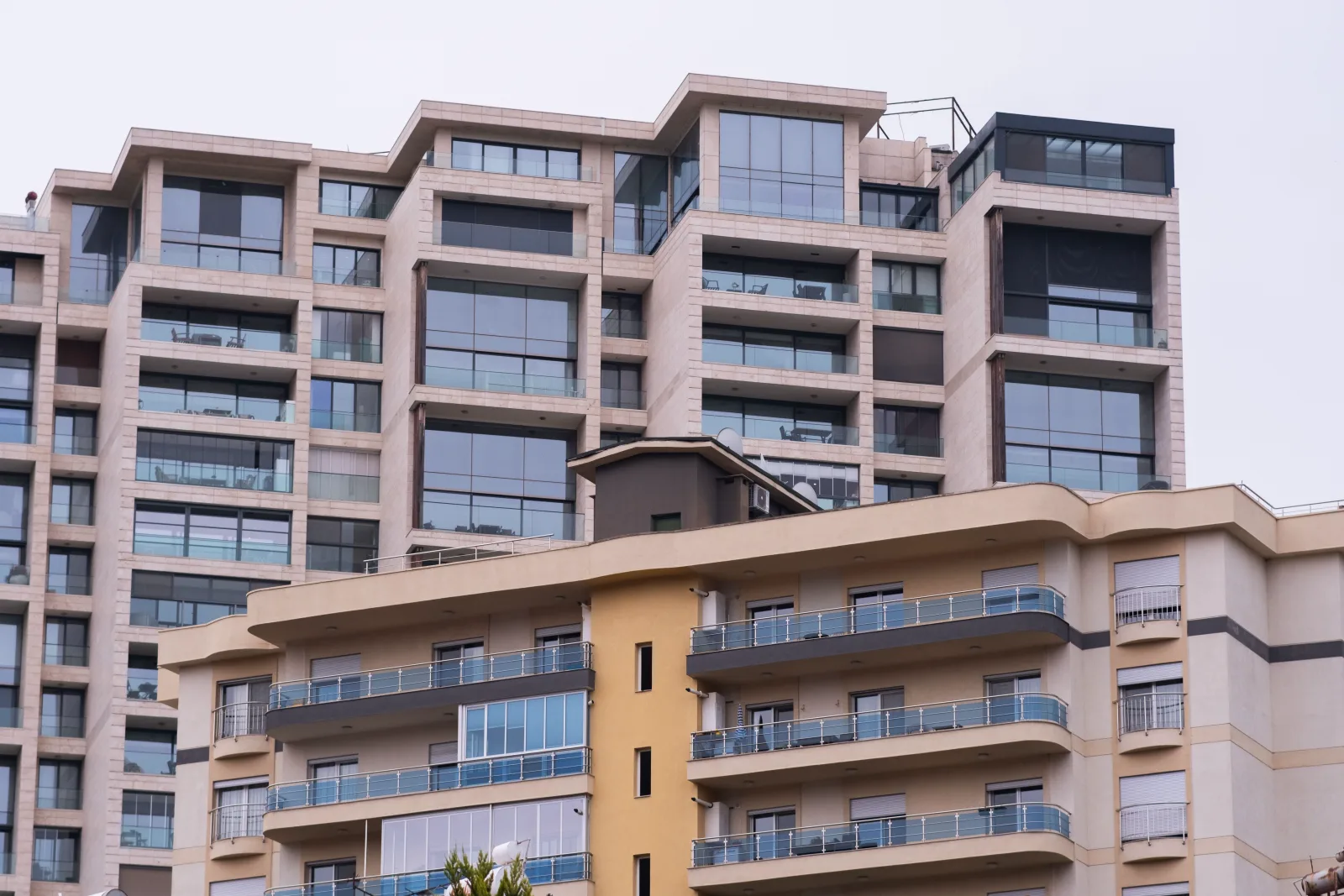 Modern office and residential blocks seen in daylight