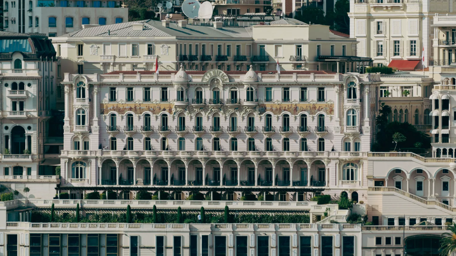 Aerial view of Port Hercule and the surrounding Monaco business district in morning light