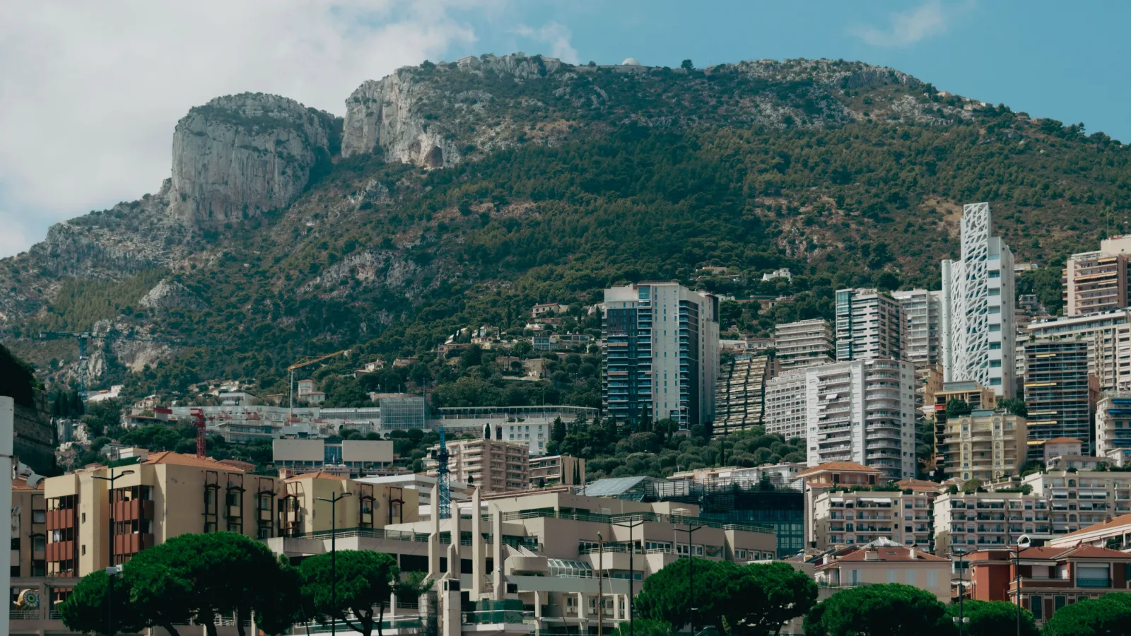Office buildings in the Monaco business district seen from street level in daylight
