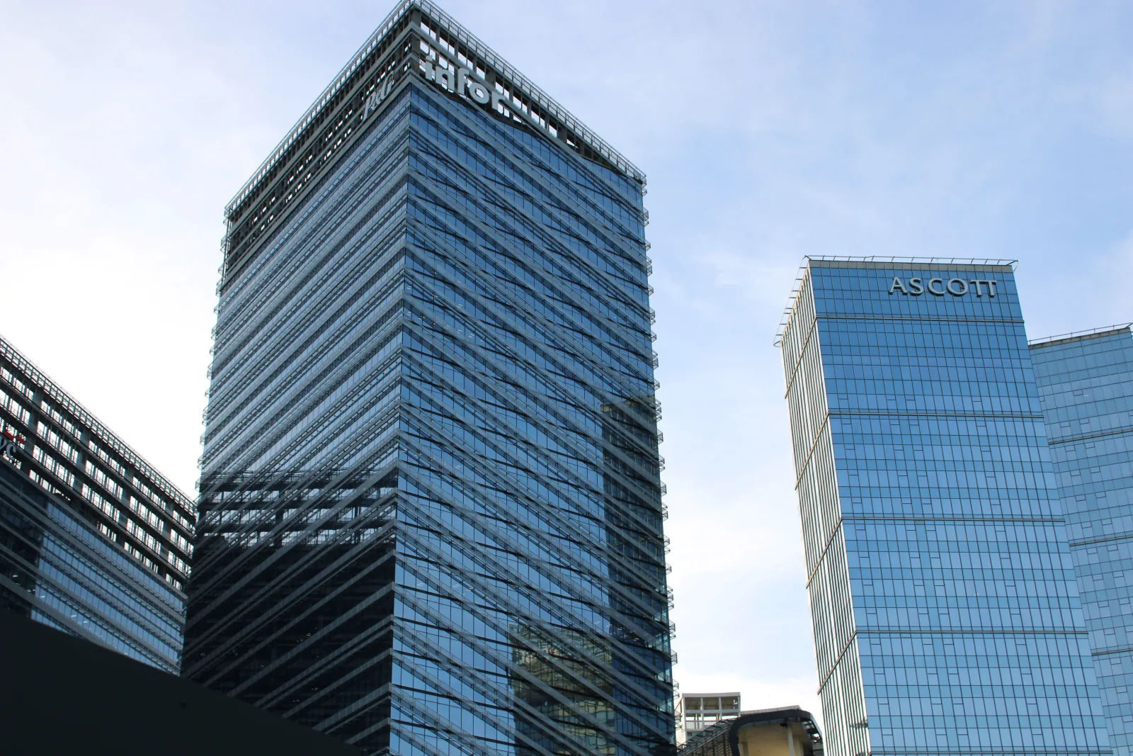 Office buildings seen from street level on a clear day