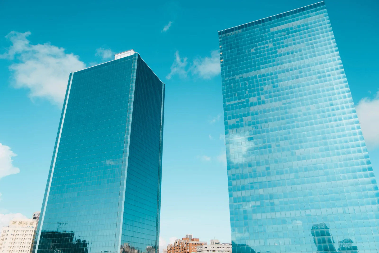 Office buildings business district seen from street level in daylight