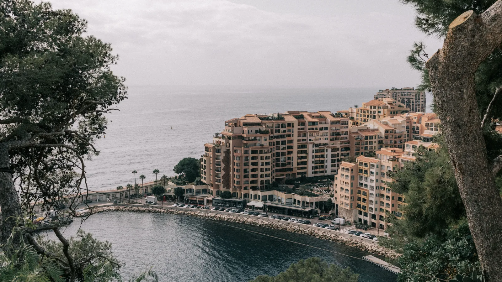 Aerial view with residential blocks rising on the slope behind the harbour